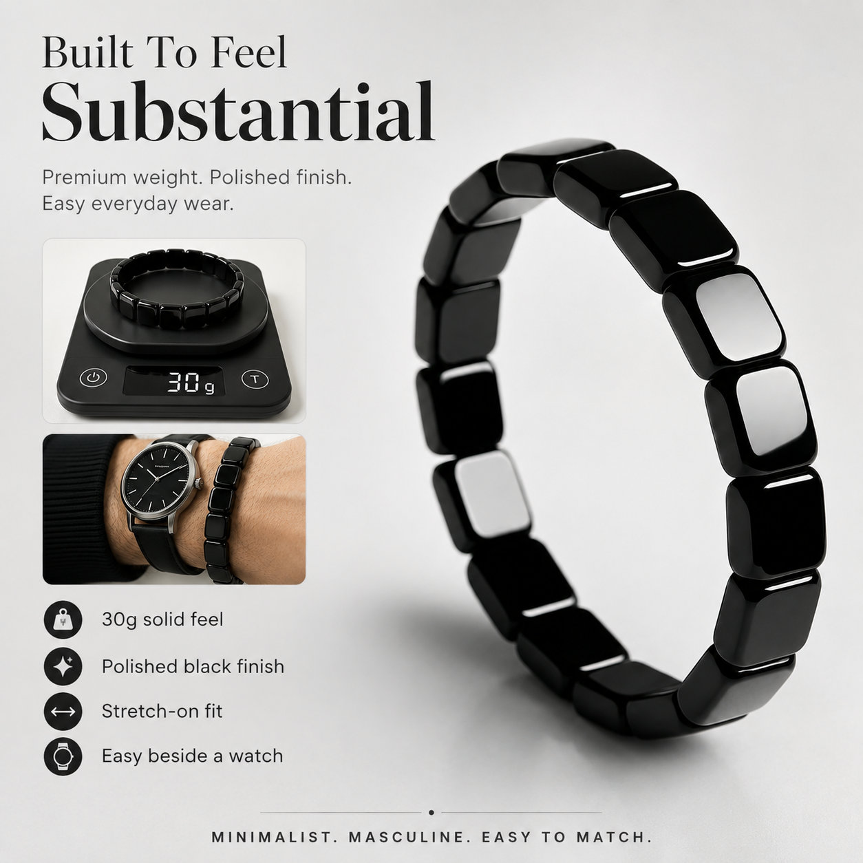 Elnuvo® Men’s Hematite Strength Bracelet – Stretch Beaded Design