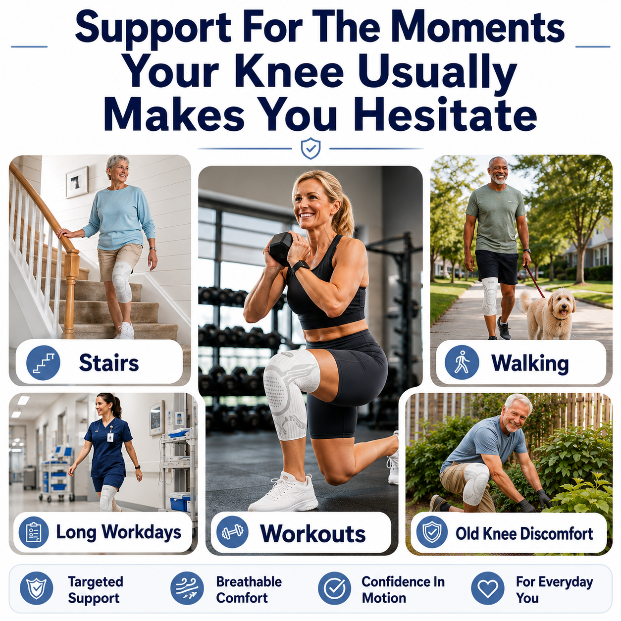 Support for stairs, walking, workouts and daily knee movement