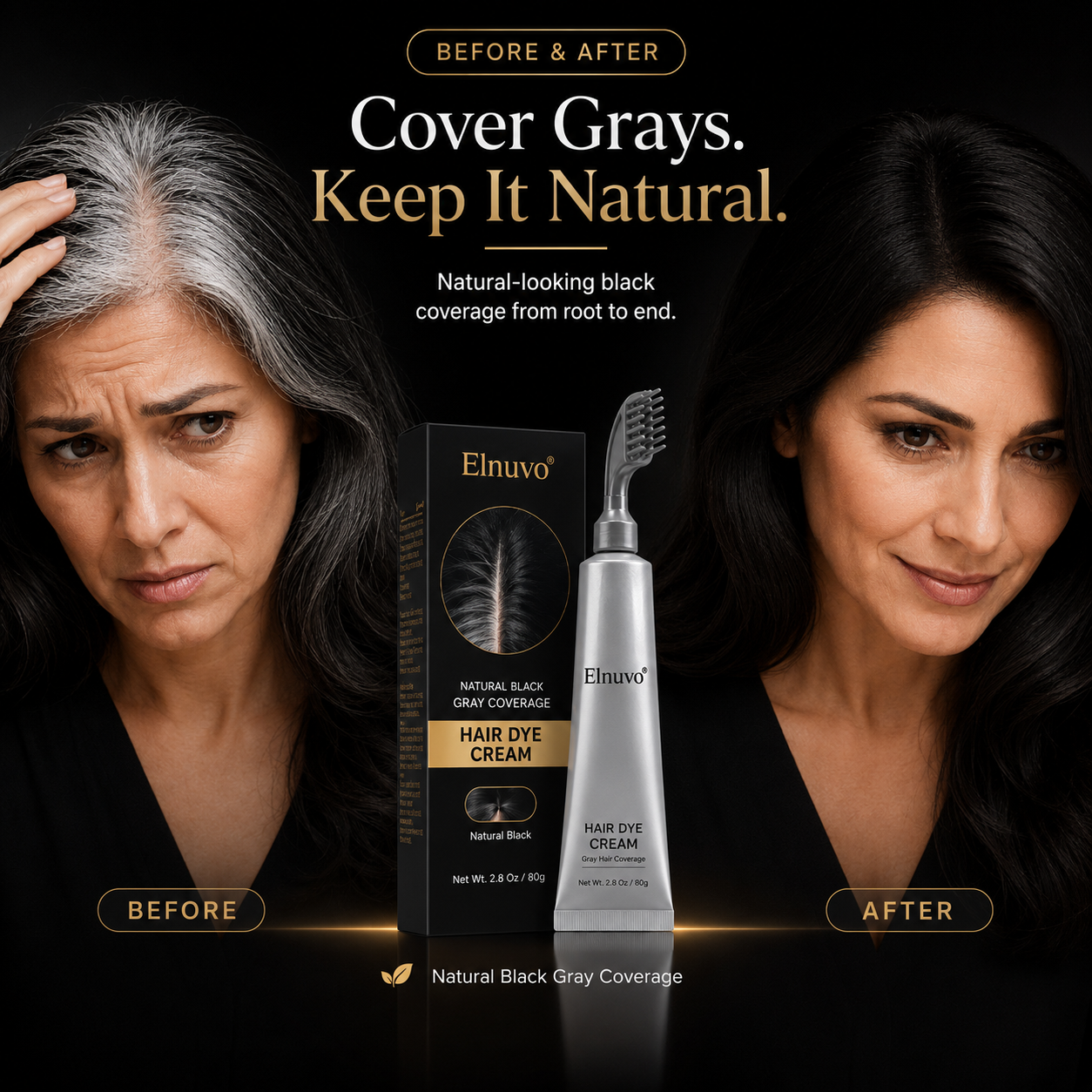 EInuvo® Comb - In Hair DyeCream for Gray Coverage -Natural Black & Dark Brown