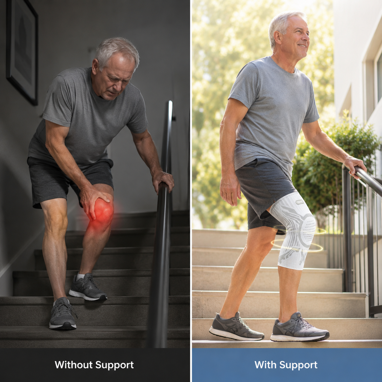 Knee support comparison: without support and with support