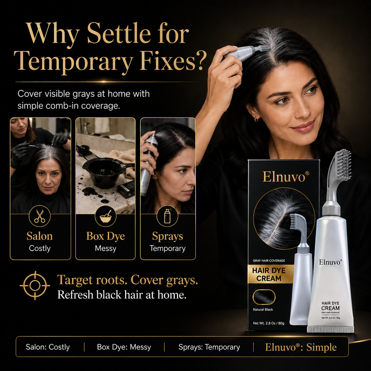 EInuvo® Comb - In Hair DyeCream for Gray Coverage -Natural Black & Dark Brown