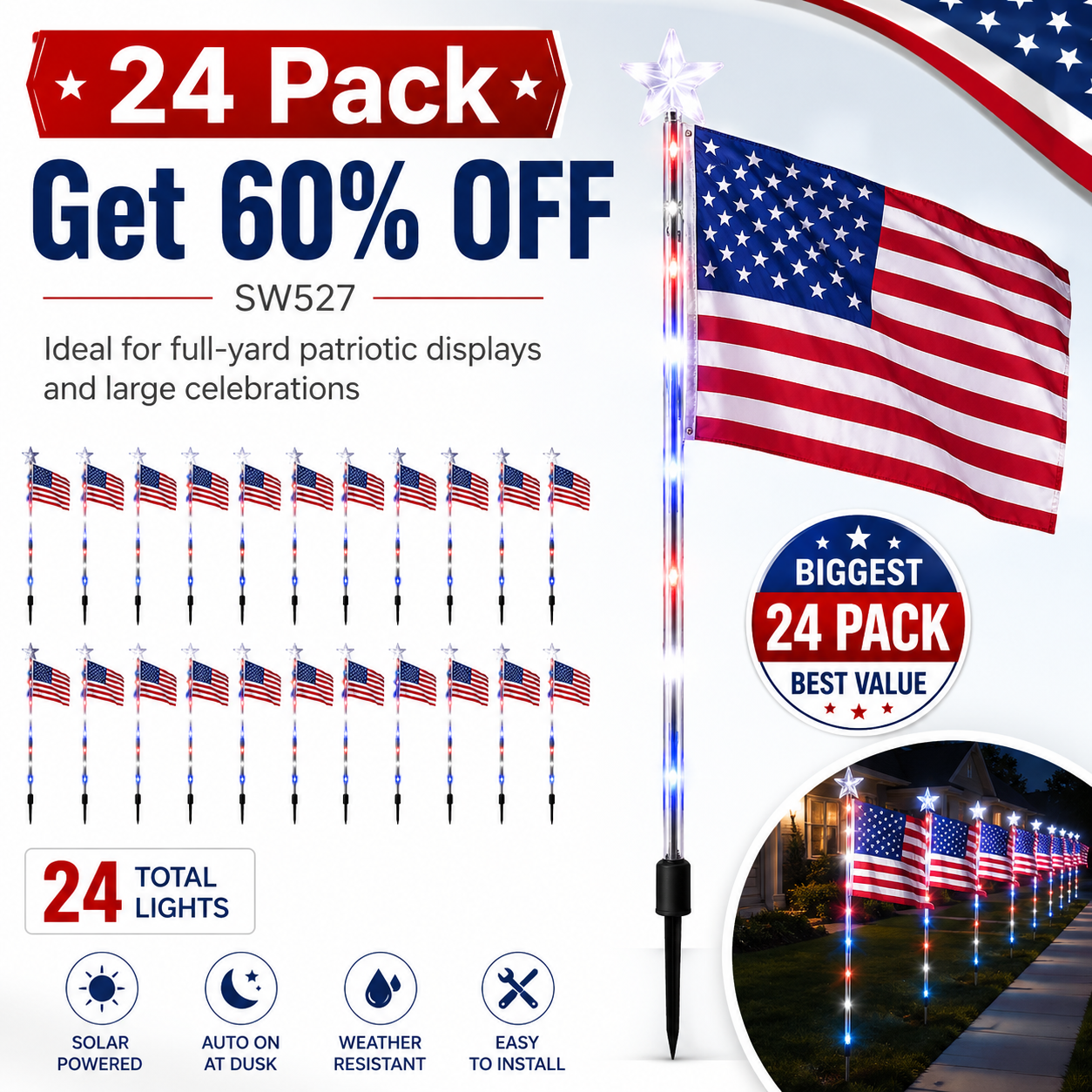 8 Pack Solar Flag Lights 4th of July Decorations Outdoor